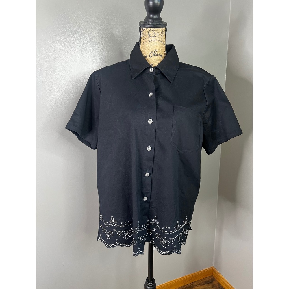 Quacker Factory Black Rhinestone Button Up Shirt Embroidered Scallop Hem Large